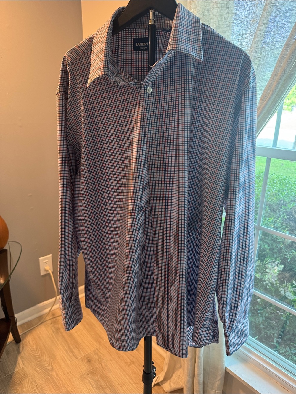 Lands' End Men's Blue and Red Checked Dress Shirt